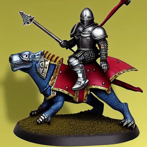 Image similar to Warhammer, D&D, high detail, miniature of medieval knight riding an allosaurus, heavy cavalry, Asgard rising, MyMiniFactory, 28mm scale