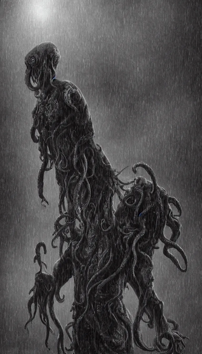 Prompt: digital artwork of Cthulhu standing in the rain solemnly, contemplating life and thereafter, by Max Hay, dark-esque, dark lighting, trending on artstation, 8k resolution, photorealistic resolution, photorealistic details, very detailed intricate details