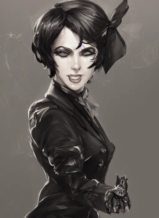 Image similar to a highly detailed illustration of beautiful short black messy haired woman wearing eyepatch!!! and noir style suit and tie, dramatic smiling pose, intricate, elegant, highly detailed, centered, digital painting, artstation, concept art, smooth, sharp focus, league of legends concept art, WLOP