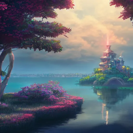 Image similar to the aesthetic view of the beautiful, grand, wistful, dreamy lonely island at dusk, hyperrealistic anime illustration by iralki nadar, colorful, extremely detailed, intricate linework, super sharp focus, bright colors, octopath traveler, studio ghibli, unreal engine 5 highly rendered, global illumination, radiant light, detailed and intricate environment