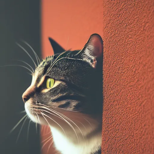 Image similar to A high resolution photo of a cat staring at a wall, photorealistic, ambient light, close up,