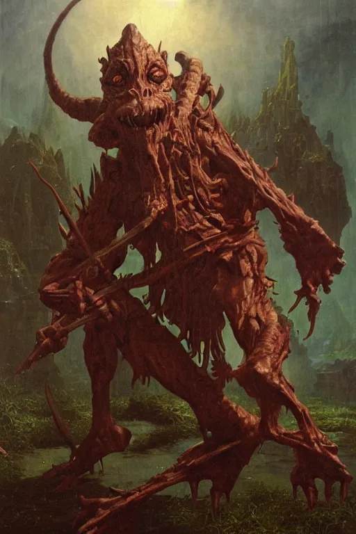 Image similar to a dnd goblin, realistic oil painting by Thomas Cole and Wayne Barlowe