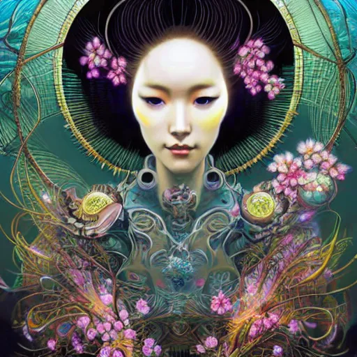 Prompt: a portrait of a geisha, surrounded by fractals, mandalas, cherry blossoms, hadron collider technology, metal gears, swirling bioluminescent energy, art by peter mohrbacher and dan mumford