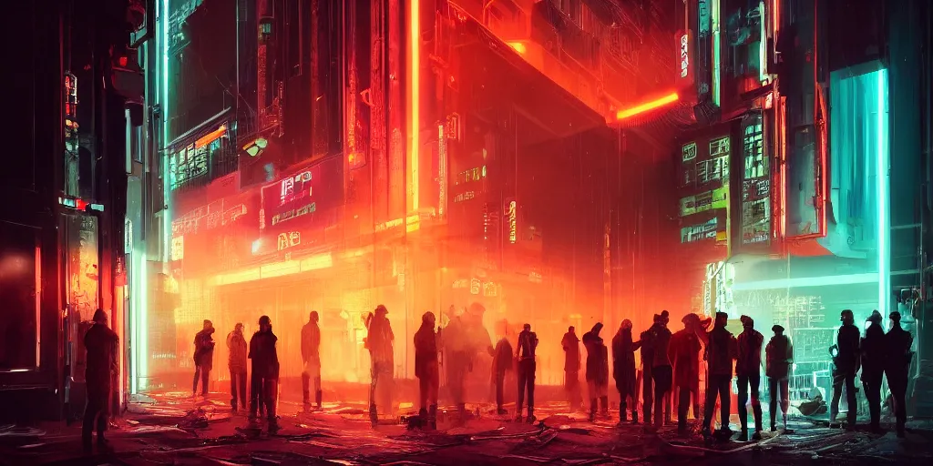 Image similar to a group of people standing outside of a building, cyberpunk art by liam wong, cgsociety, retrofuturism, glowing neon, neon, matte painting