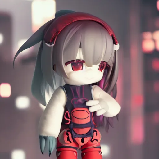 Prompt: cute fumo plush of a girl with prosthetic mechanical arms, red velvet, bokeh, cyberpunk anime girl, vray