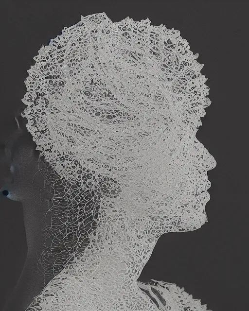 Image similar to a woman's face in profile, made of intricate decorative lace leaves, in the style of the dutch masters and gregory crewdson, dark and moody