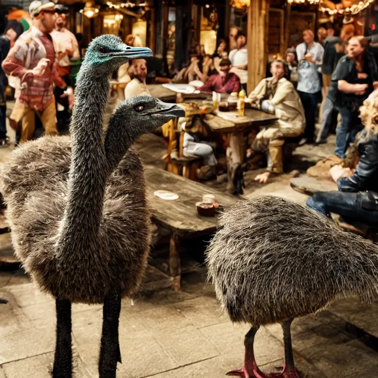 Image similar to an emu in the middle of a crowded halfling tavern