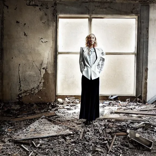 Image similar to photo of cate blanchett in an abandoned building, by Annie leibowitz, photorealisitc ,detailed