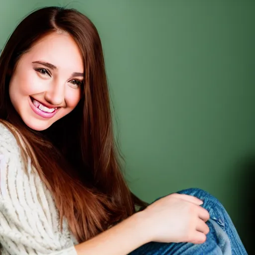 Image similar to a cute young woman smiling, long shiny bronze brown hair, full round face, green eyes, medium skin tone, light cute freckles, smiling softly, wearing casual clothing, relaxing on a modern couch, interior lighting, cozy living room background, medium shot, mid-shot, soft focus