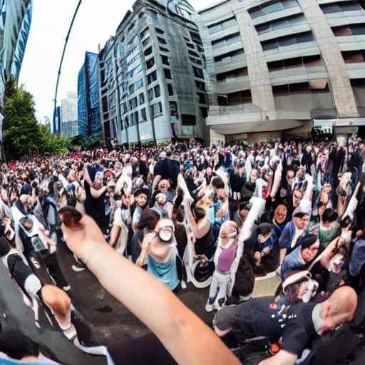 Prompt: photo of lower sock prices protest, fisheye lens,