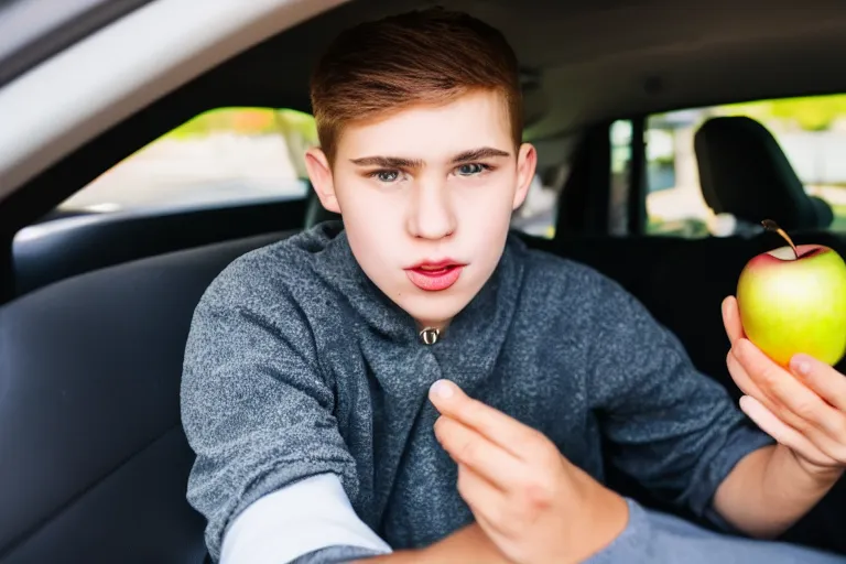 Image similar to gay teenager grabbing an black apple while hes inside the car