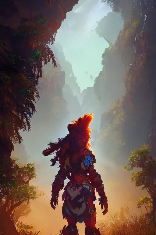 Image similar to combination suit armor aloy horizon forbidden west horizon zero dawn radiating a glowing aura global illumination ray tracing hdr fanart arstation by ian pesty and alena aenami artworks in 4 k tribal robot ninja mask helmet backpack