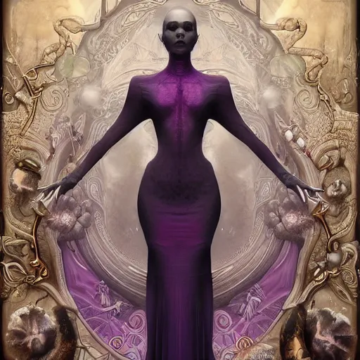 Prompt: by tom bagshaw, photorealistic body shot of absurdities and mushrooms, very beautiful curvy full gothic long dress fantasy, ultra deep fog, purple black lustrous thin haircut, symmetry accurate features, focus, very intricate ultrafine details, award winning masterpiece