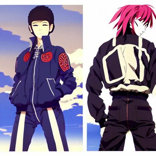 Image similar to a beautiful androgoynous anime boy gravure model, wearing oversized mayan bomber jacket and leotard with overalls, bulky poofy bomber jacket with mayan patterns, aztec street fashion, gapmoe yandere grimdark, trending on pixiv fanbox, painted by greg rutkowski makoto shinkai takashi takeuchi studio ghibli, akihiko yoshida