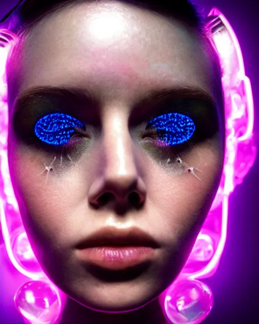 Image similar to natural light, soft focus portrait of an android with soft synthetic pink skin, blue bioluminescent plastics, smooth shiny metal, elaborate electronic jewellery, leds, piercings, face tattoo, skin textures, by annie liebovotz, paul lehr,