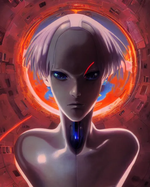 Image similar to female anime character, rei ayanami, cyborg, in the center giygas, inside a space station, eye of providence, by noriyoshi ohrai, by zdzisław beksinski, by finnian macmanus, vivid, by wojtek siudmak, to eye hellscape, mind character, environmental