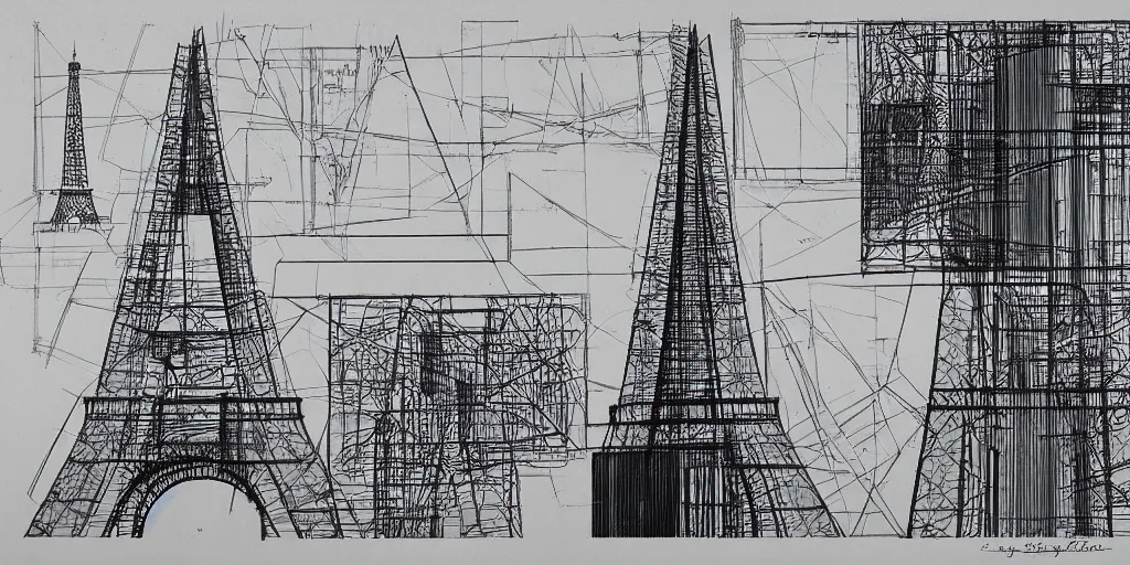 Prompt: architectural schematics of Eiffel Tower, drawn by Ed Wood Jr, in the style of Bauhaus