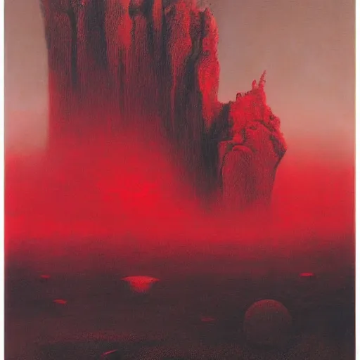 Image similar to only red colour, alien landscape filled with lithups, filigree ornaments, volumetric lights, beksinski