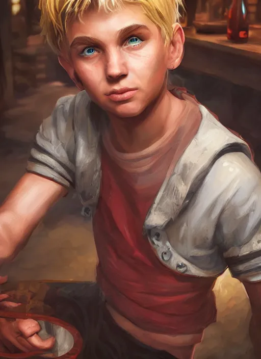 Prompt: An epic fantasy comic book style portrait painting of a young blonde boy thief in a tavern, unreal 5, DAZ, hyperrealistic, octane render, cosplay, RPG portrait, dynamic lighting