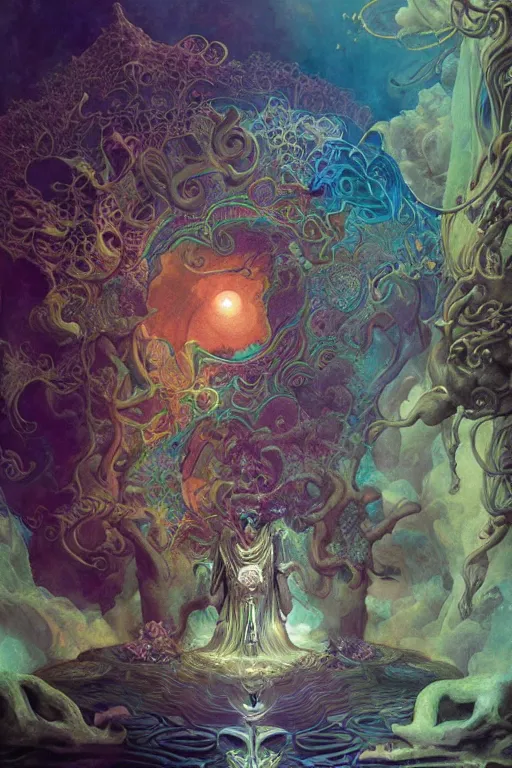 Prompt: god of portals, tarot card, fantasy drawing made of fractals, ultra realistic, wide angle, art nouveau, intricate details, rainbowshift, vivid colors, highly detailed by peter mohrbacher, wayne barlowe, maxfield parrish, aaron horkey, gaston bussiere, craig mullins