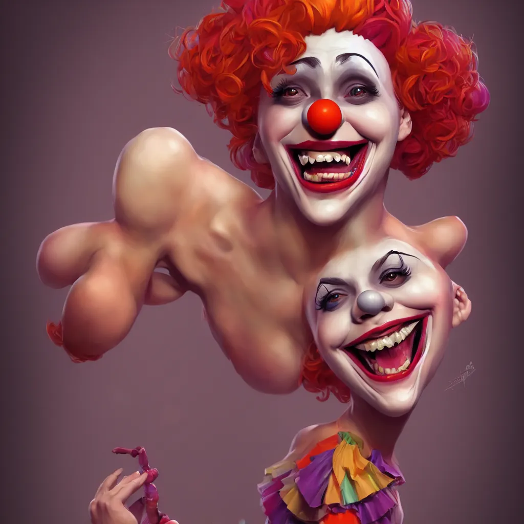 Prompt: a beautiful female clown laughing, full - body and head view, highly detailed, zeronis style, artstation, soft light, sharp focus, illustration, character design, concept art