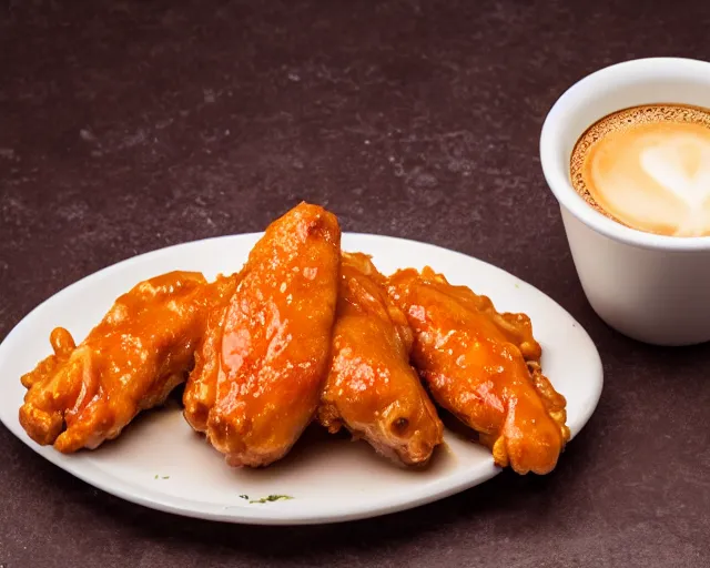 Image similar to hot wings covered in cheese next to a cup of coffee , Cinematic shot, 8k resolution