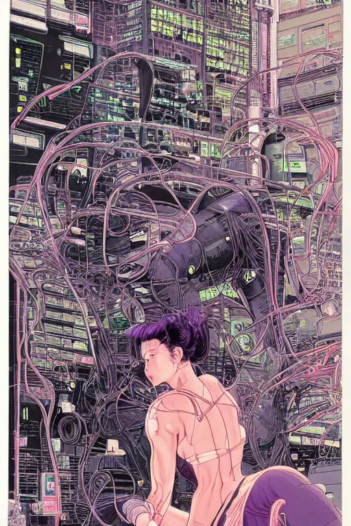 Image similar to an hyper-detailed cyberpunk illustration of a female android kneeling on the floor in a tech labor, seen from the side with her body open showing cables and wires coming out, by masamune shirow, Yukito Kishiro and katsuhiro otomo, japan, 1980s, centered, colorful