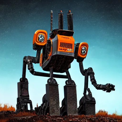 Image similar to giant scary quadrupedal mining robot with drill, four legs, highly detailed body, retro, industrial, dark, dystopian, apocalyptic, clean, in the style of simon stalenhag, 8 5 mm f / 1. 4