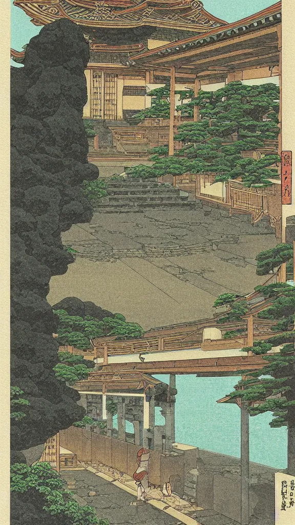 Prompt: a beautiful ancient bathhouse with a bathing alien creature in the summer by hasui kawase