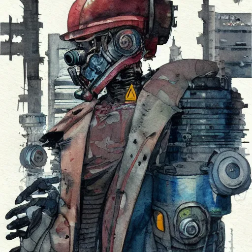 Prompt: watercolor of a cyberpunk mechanic, realistic, detailed, Industrial Scifi, in the style of Ashley Wood and Moebius