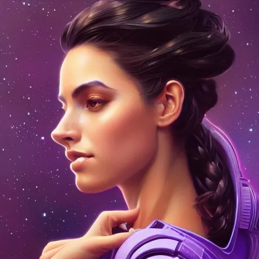 Image similar to Portrait of very very very very very very beautiful Latina woman, spacesuit, purple eyes, intricate, elegant, highly detailed, digital painting, artstation, concept art, smooth, sharp focus, illustration, art by artgerm and greg rutkowski and alphonse mucha