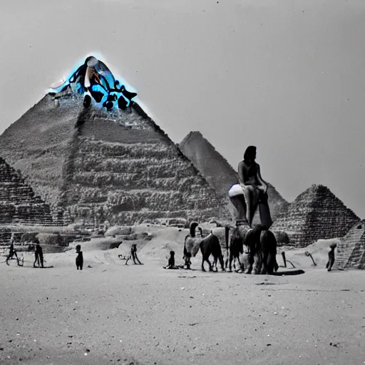 Image similar to construction of the Giza pyramids by ancient Egyptian gods