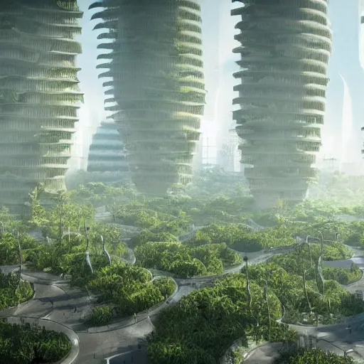 Prompt: futuristic dystopian concrete city with plants