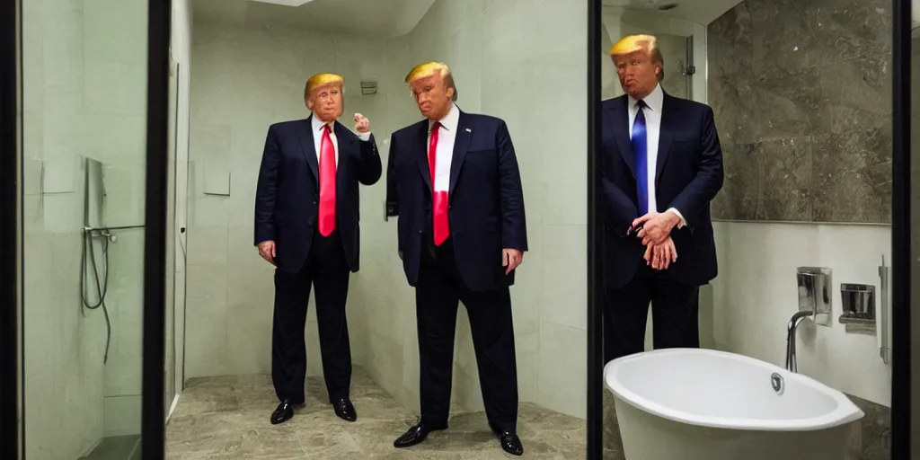 Image similar to ultra wide angle photo of donald trump dressed in a green flannel shirt and black dress pants as clark kent looking at himself in a bathroom mirror and seeing his reflection dressed as an orange skinned oompa loompa