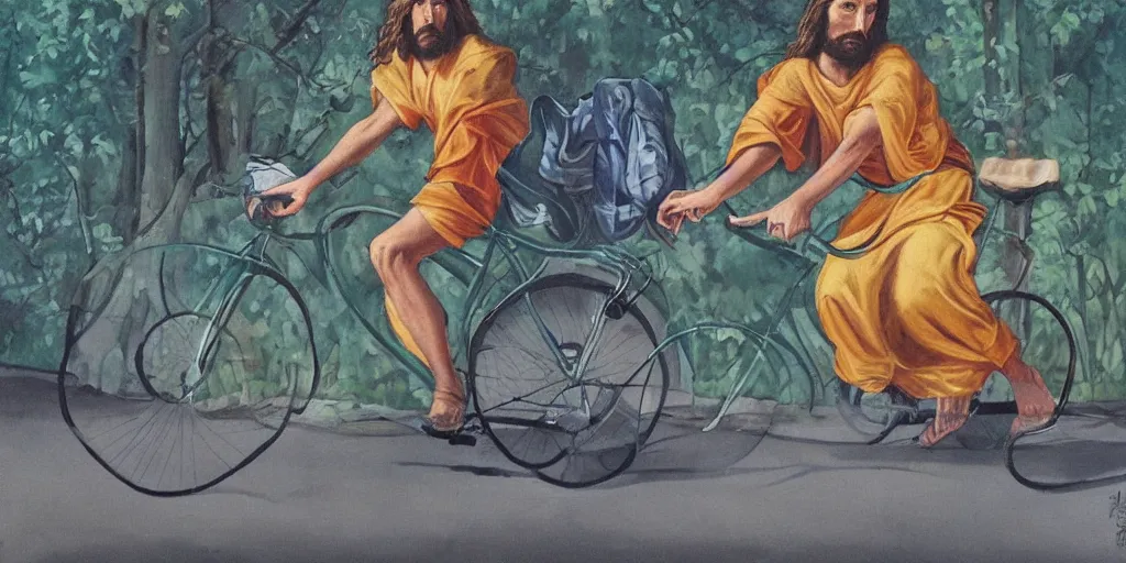 Image similar to a award winning painting of Jesus stealing a bike