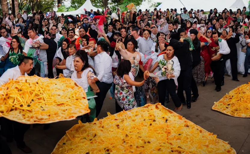 Image similar to a crowd of mexicans dancing around giant Nachos in a wedding,