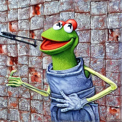 Prompt: kermit the frog shooting heroin by Peter Gric,