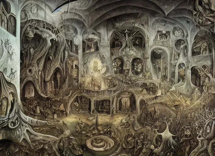 Prompt: matte painting in the style of hieronymus bosch, leonora carrington and james gurney : : intricate detailed study of a wild, psychedelic nightmare full of imaginary creatures : : interior view of a complex modern building : : ultra - detailed technical precision : : high definition 3 d render, unreal engine, 4 k, hi - res textures