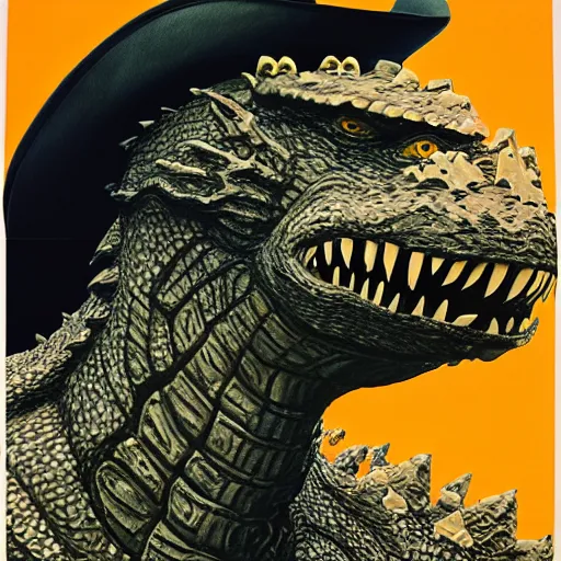 Image similar to beautiful lifelike painting of godzilla wearing a cowboy hat, hyperreal detailed facial features and uv lighting, art by ed roth and basil wolverton