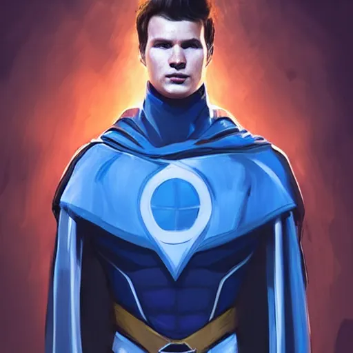 Image similar to portrait of a superhero by greg rutkowski, he looks like ansel elgort, he is wearing a blue and white kevlar gear with a cape, highly detailed portrait, digital painting, artstation, concept art, smooth, sharp foccus ilustration, artstation hq