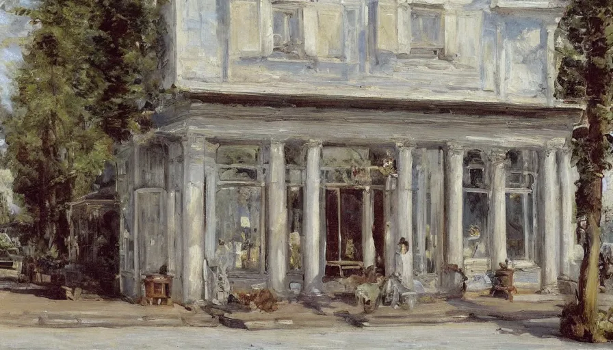 Image similar to artwork painting of the storefront front of a building by eugene von guerard, ivan shishkin, john singer sargent