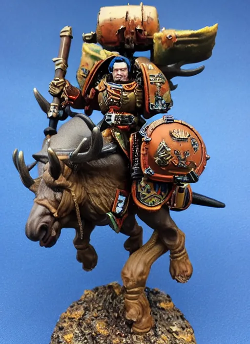 Prompt: 8 0 mm resin detailed miniature of a warhammer 4 0 k space marine riding a moose, product introduction photos, 4 k, full body,