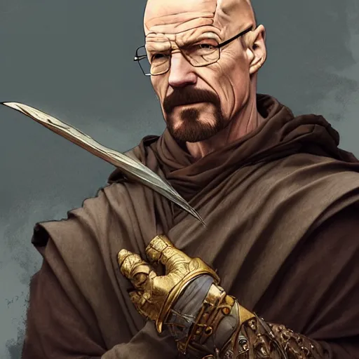 Prompt: Walter White dressed in medieval fashion, D&D, fantasy, intricate, elegant, highly detailed, digital painting, artstation, concept art, matte, sharp focus, illustration, art by Artgerm and Greg Rutkowski and Alphonse Mucha