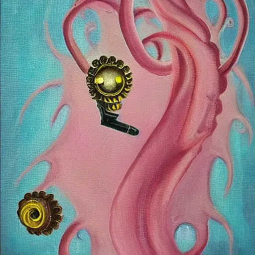 Prompt: lovecraftian pistol, light pink, Japanese style, cute, oil painting