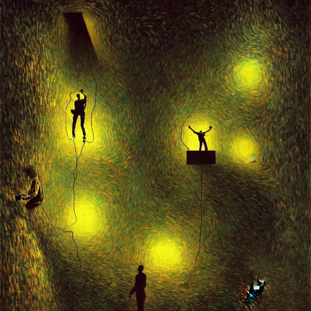 Image similar to A man programs A.I. on a laptop in a climbing gym - award-winning digital artwork by Salvador Dali, Beksiński, Van Gogh and Monet. Stunning lighting