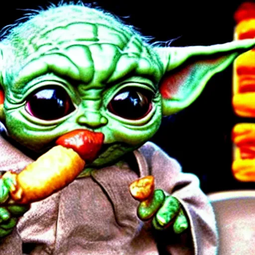 Prompt: hyper realistic baby Yoda eating hot-dog,detalied,