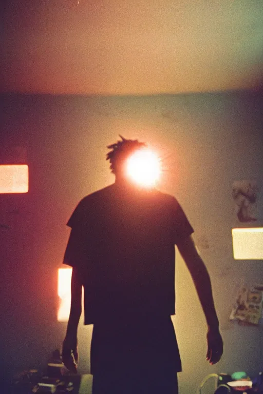 Image similar to agfa vista 4 0 0 photograph of a guy standing in a cluttered 9 0 s goth punk rock bedroom, back view, synth vibe, vaporwave colors, lens flare, moody lighting, moody vibe, telephoto, 9 0 s vibe, blurry background, grain, tranquil, calm, faded!,