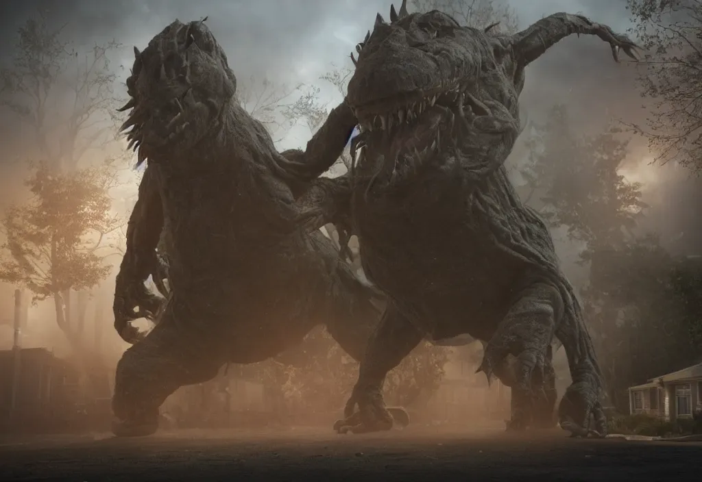 Image similar to vfx color film, huge monster creature by aaron sims, in residential street, low - key lighting award winning photography arri alexa cinematography, hyper real photorealistic cinematic beautiful, atmospheric