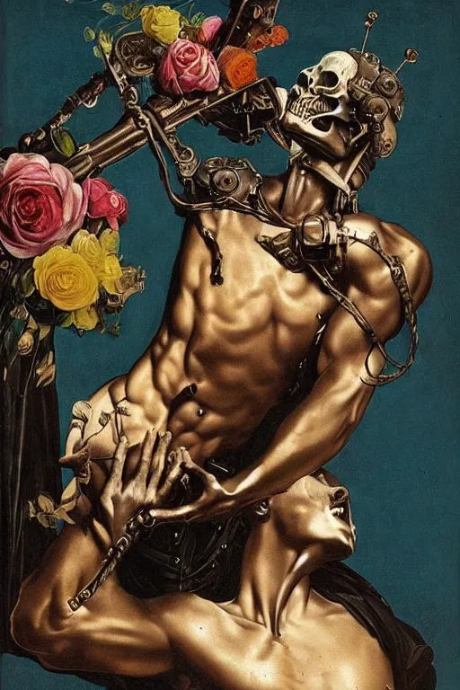 Image similar to a young handsome Spanish metal android with a large glowing battery in the center of his chest in a full-body bronze cyberpunk style statue of Icarus with glowing blue eyes, crown of peach roses, flowing teal-colored silk, fabric, flowers. baroque elements, human skull. full-length view. baroque element. intricate artwork by caravaggio. many many birds birds on background. Trending on artstation, octane render, cinematic lighting from the right, hyper realism, octane render, 8k, depth of field, 3D