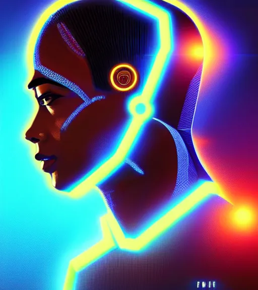 Image similar to symmetry!! egyptian prince of technology, solid cube of light, hard edges, product render retro - futuristic poster scifi, lasers and neon circuits, brown skin man egyptian prince, intricate, elegant, highly detailed, digital painting, artstation, concept art, smooth, sharp focus, illustration, dreamlike, art by artgerm